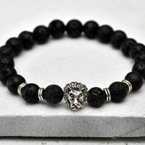Black Beaded Silver Lion Classy Men's or Unisex Bracelet